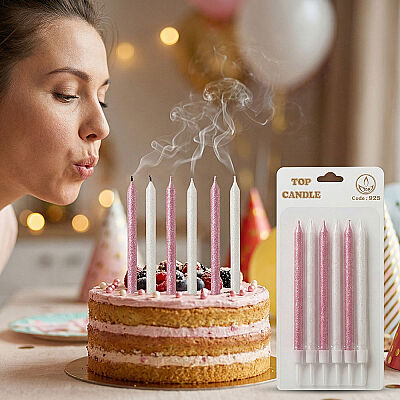 15 cm Pink and White Glitter Cake Candle Set - 6 Pieces - 1