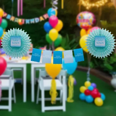 1st Birthday Paper Fan Set - Blue - 1