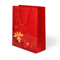 Kika - Kırmızı Kalp Desenli Karton Çanta 25x30cm