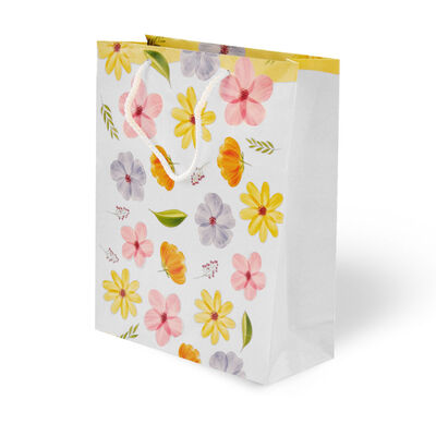 Renkli Çiçek Desenli Karton Çanta 25x30cm