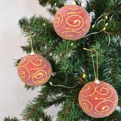 Kırmızı Desenli Lüks Ağaç Süsleme Topları 8 cm 3'lü - 1