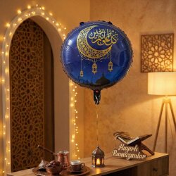 Ramazan Temalı Gece Mavisi Folyo Balon - Altın Hilal ve Kandil Detaylı - 1