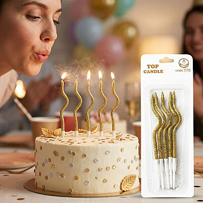 Altın Simli Kıvrımlı Doğum Günü Pasta Mumu 12 cm 5 Parça - 1