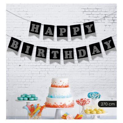 Black Happy Birthday Banner with Silver Letters