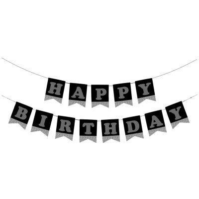 Black Happy Birthday Banner with Silver Letters