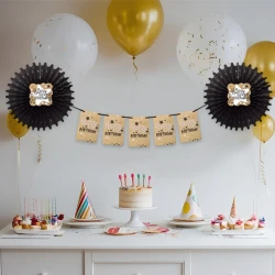 Black Happy Birthday Paper Fan Decoration Set - 1