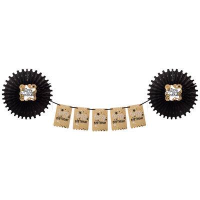 Black Happy Birthday Paper Fan Decoration Set - 2
