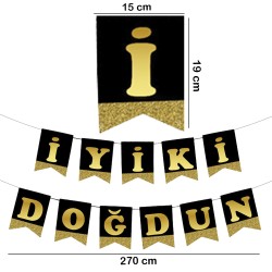 Black İyi Ki Doğdun Banner with Gold Letters - Thumbnail