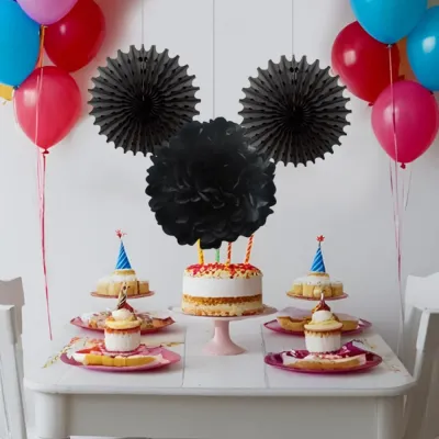 Black Paper Fan / Pompom Decoration Set - 1