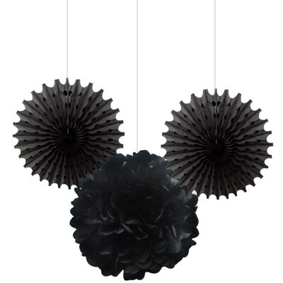 Black Paper Fan / Pompom Decoration Set - 2