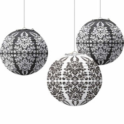  - Black & White Damask Paper Lanterns - 3pcs