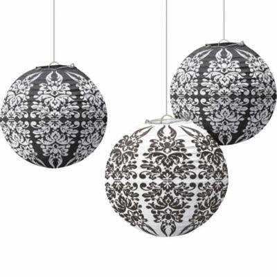 Black & White Damask Paper Lanterns - 3pcs