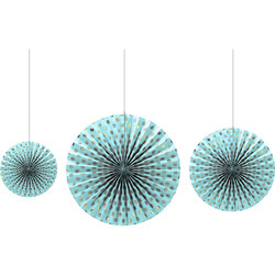  - Blue Gold Polka Dot Paper Fans - 3psc