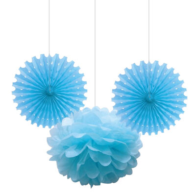 Blue Paper Fan / Pompom Decoration Set 