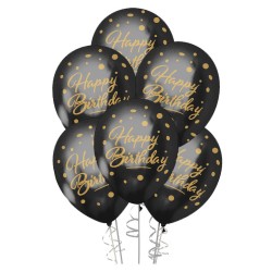 Altın Happy Birthday Baskılı Siyah Krom Balon 12