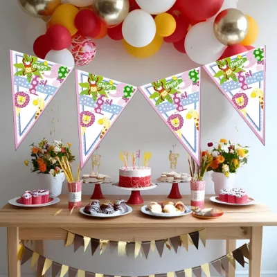 Cheerful Animals Triangle Flag Banner Pink - 1