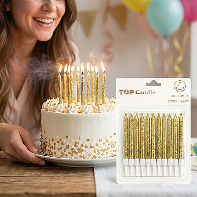 Gold Glitter Cake Candle Set - 8 cm, 12 Pieces - 1