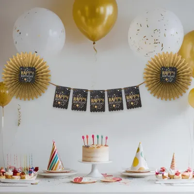 Gold Happy Birthday Paper Fan Decoration Set - 1