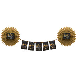 Gold Happy Birthday Paper Fan Decoration Set - 2