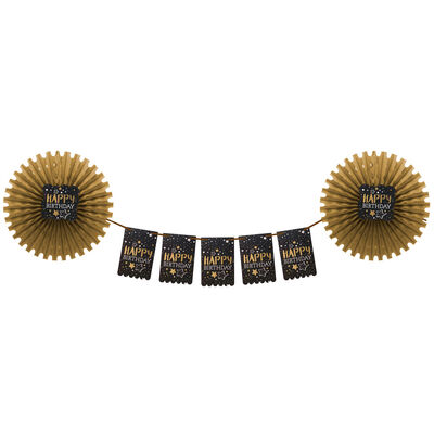 Gold Happy Birthday Paper Fan Decoration Set - 2