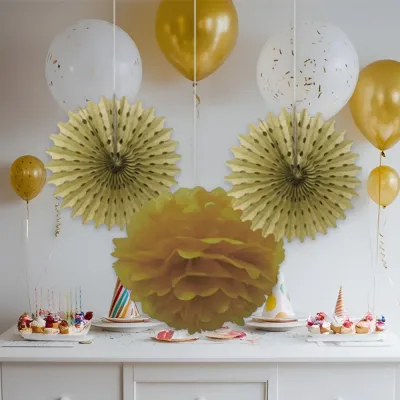 Gold Paper Fan / Pompom Decoration Set - 1