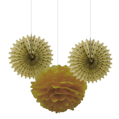 Gold Paper Fan / Pompom Decoration Set 