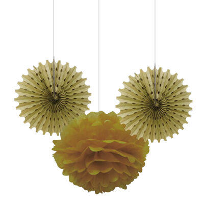 Gold Paper Fan / Pompom Decoration Set - 2