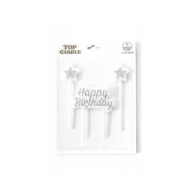 Gümüş Parıltılı Doğum Günü Mum Seti - Happy Birthday ve 2 Adet Yıldız Mum - 2