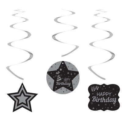 Happy Birthday Spiral Hanging Decorations - Silver