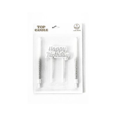 Happy Birthday Yazılı Gümüş Simli Pasta Mumu Seti - 2