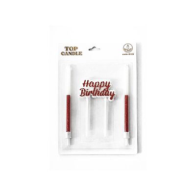 Happy Birthday Yazılı Kırmızı Simli Pasta Mumu Seti - 2