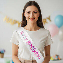 Its My Birthday Baskılı Varaklı Lüks Kuşak -Fuşya- - Kikajoy