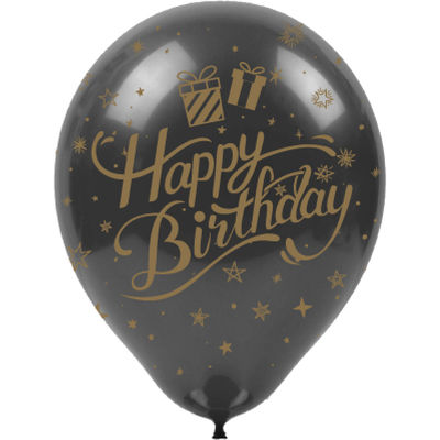 Altın Happy Birthday Baskılı Siyah Balon 12