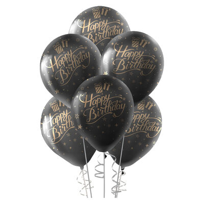 Altın Happy Birthday Baskılı Siyah Balon 12