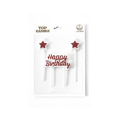 Kırmızı Parıltılı Doğum Günü Mum Seti - Happy Birthday ve 2 Adet Yıldız Mum - 2