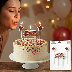 Kırmızı Parıltılı Doğum Günü Mum Seti - Happy Birthday ve 2 Adet Yıldız Mum - 1