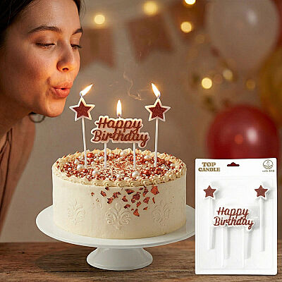 Kırmızı Parıltılı Doğum Günü Mum Seti - Happy Birthday ve 2 Adet Yıldız Mum - 1