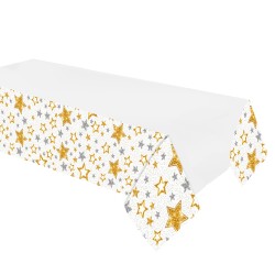Simli Yıldızlar Beyaz Plastik Masa Örtüsü - Thumbnail