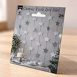 Metallic Silver Star Garland Hanging Decoration - 4 Meters, 24 Pieces - 2
