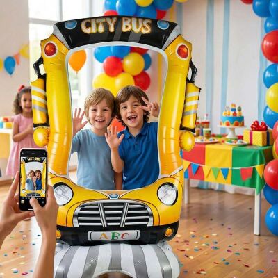 Okul Servisi Temalı 3D Fotoğraf Çerçevesi Folyo Balon - 1