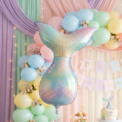 Pastel Mermaid Tail Balloon with Gold Scales - Holographic Sea Party Decor - 1