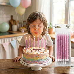 Pembe Simli Pasta Mumları 6 Adet – Şık Doğum Günü Mum Seti - Kikajoy