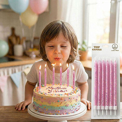 Pembe Simli Pasta Mumları 6 Adet – Şık Doğum Günü Mum Seti - 1