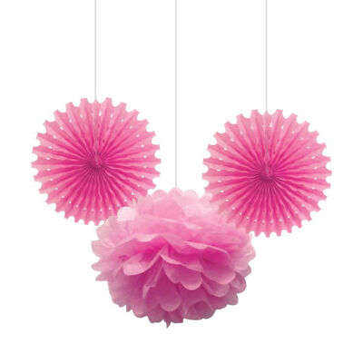 Pink Paper Fan / Pompom Decoration Set 