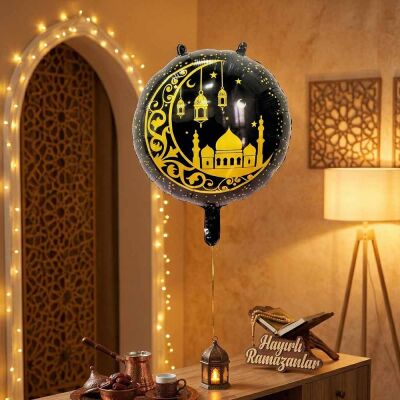 Ramadan Kareem Foil Balloon - Black & Gold Crescent Moon with Lanterns - 1