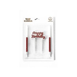 Red Glitter Happy Birthday & Long Stick Candle Set (14 cm) - 2