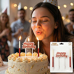 Red Glitter Happy Birthday & Long Stick Candle Set (14 cm) - 1