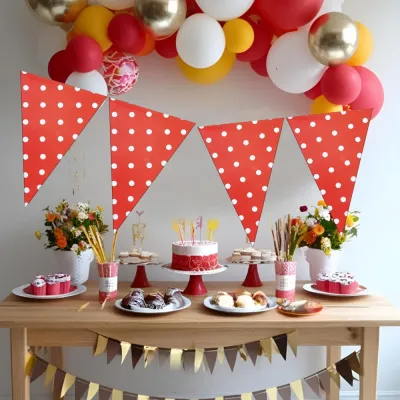 Red Triangle Flag Banner with White Polka Dots - 1