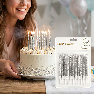 Silver Glitter Cake Candle Set - 8 cm, 12 Pieces - 1