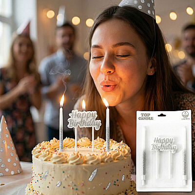 Silver Glitter Happy Birthday & Long Stick Candle Set (14 cm) - 1